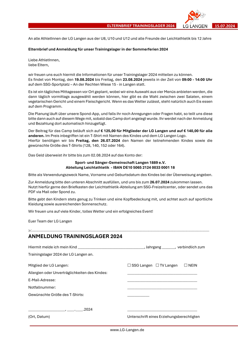 Elternbrief Trainingsla
 ger 2024